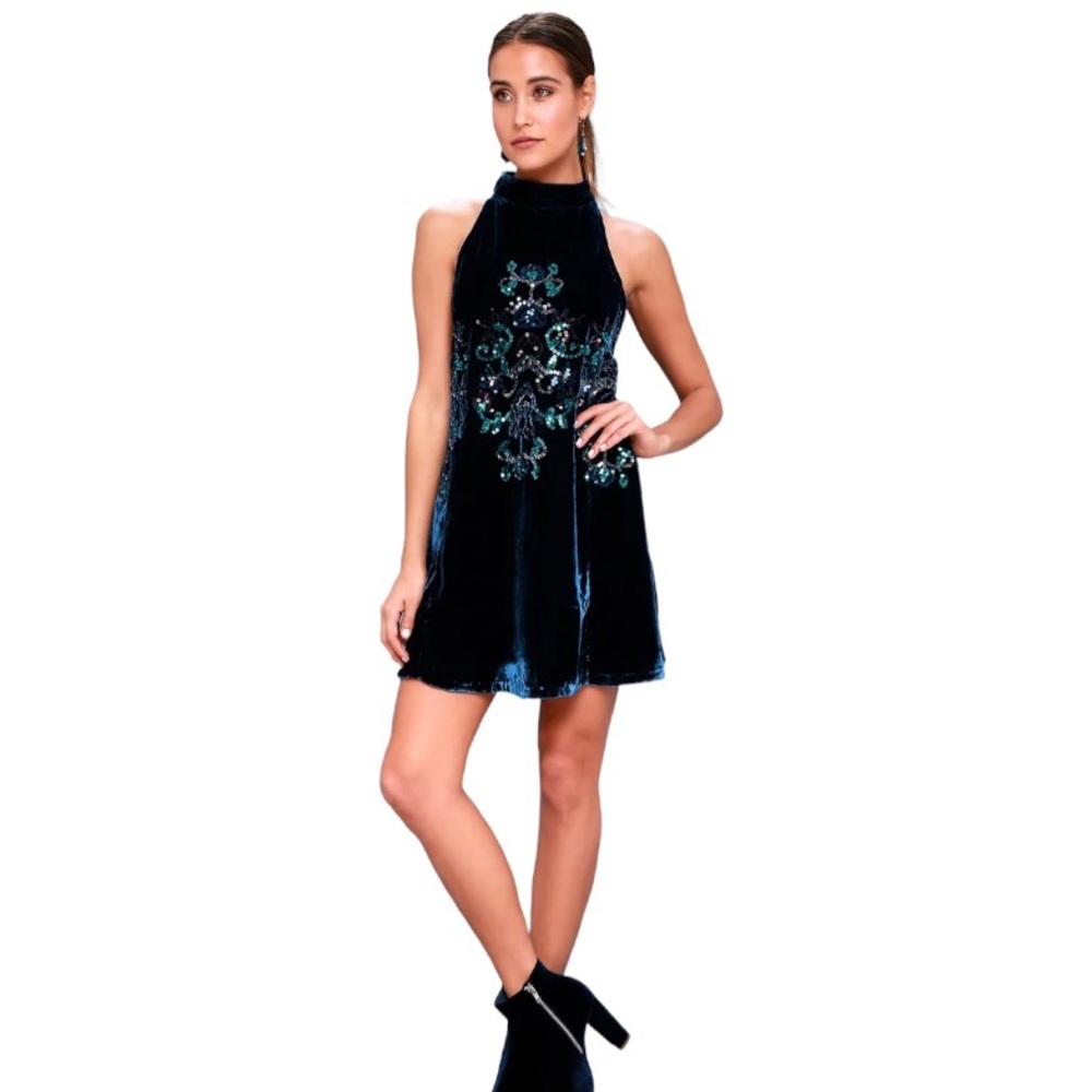 🆕 Free People Jills Swing Navy Velvet and Sequin Mock Neck Dress - Size XS